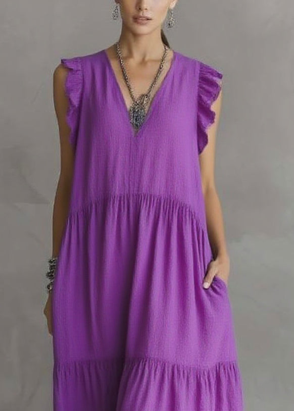 Deep V-Neck Ruffle Trim Tiered Pocket Midi Dress