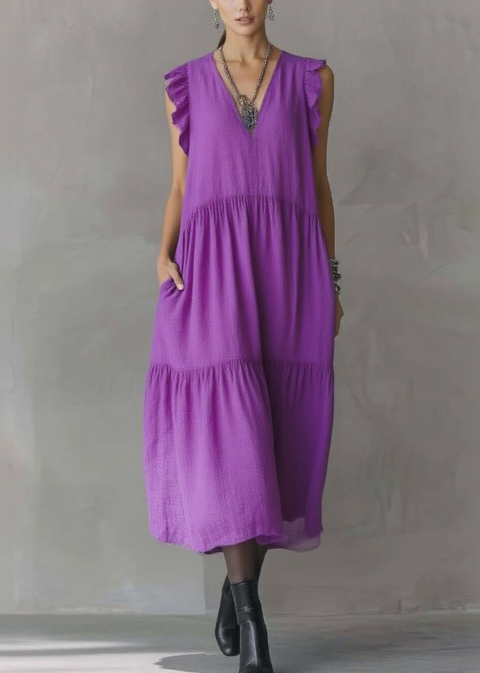 Deep V-Neck Ruffle Trim Tiered Pocket Midi Dress