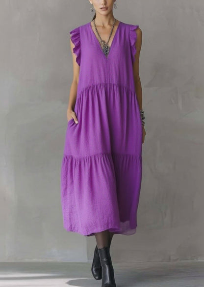 Deep V-Neck Ruffle Trim Tiered Pocket Midi Dress