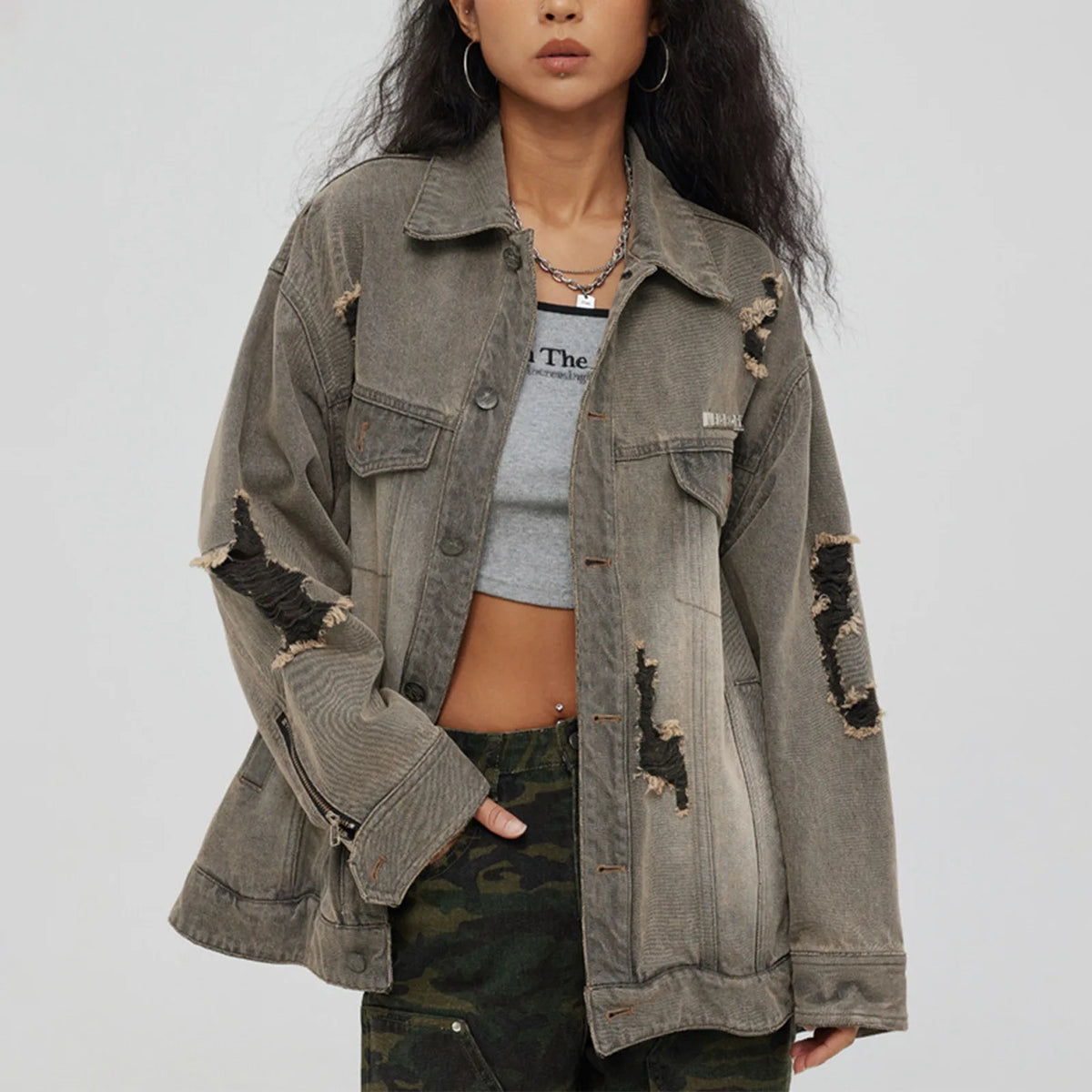 Distressed Denim With Collar Vintage Large Pockets Chic Stylish Elegant Fashionable Versatile Oversized Street Winter Jacket