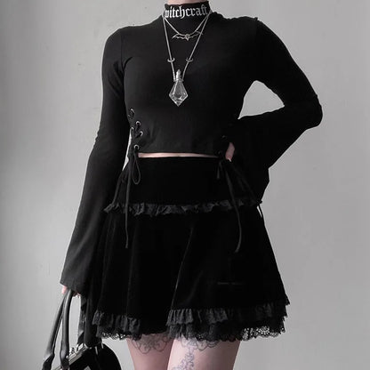 Fashion Summer Embroidery Black Gothic Casual Stylish Lace Trim Skirt