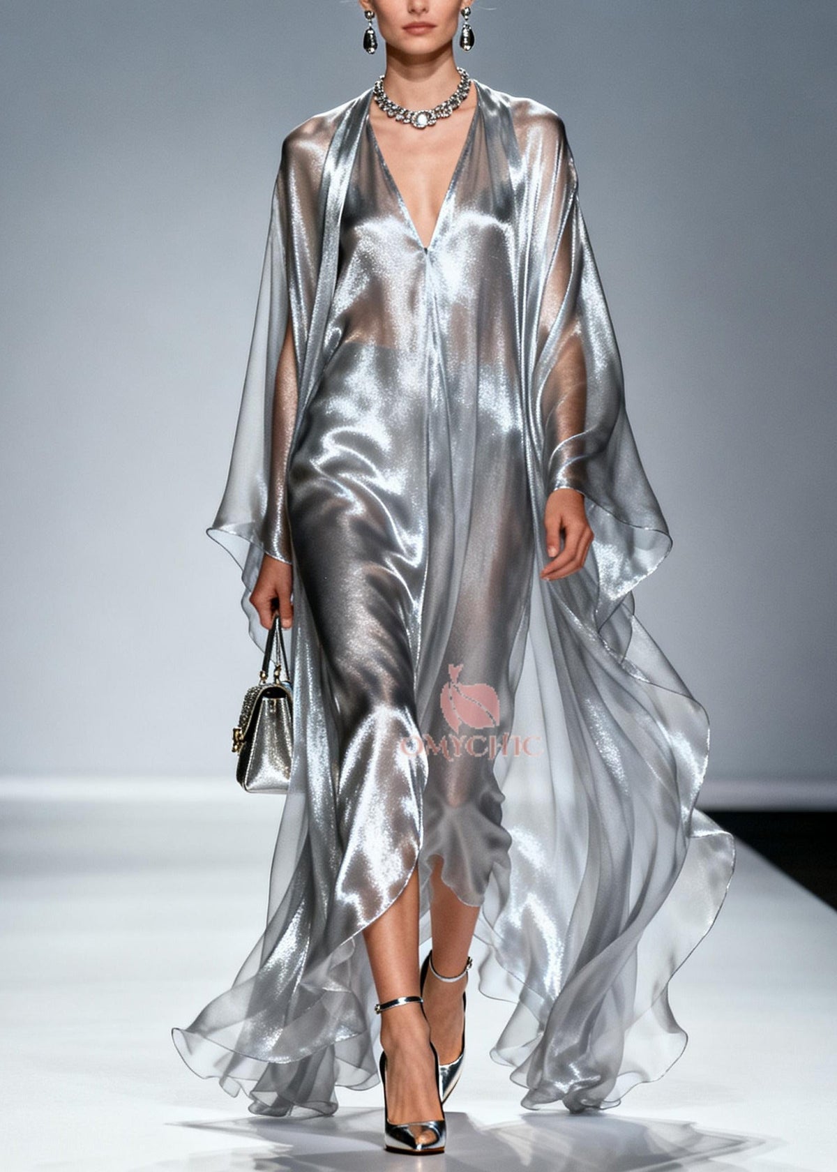 Deep V-Neck Layered Sheer Metallic Kaftan Billowy Sleeve Maxi Dress