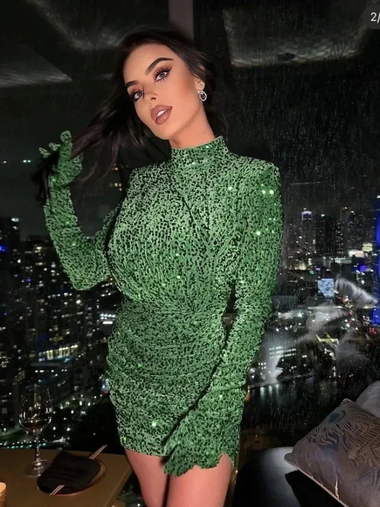 Summer Sexy Turtleneck Long Sleeve Velvet Green Mini Sequins Bodycon Party Dress