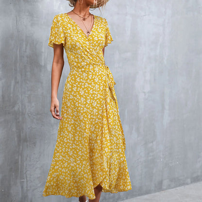 Floral Print Wrap V-Neck Flutter Sleeve High Low Ruffle Hem Midi Dress