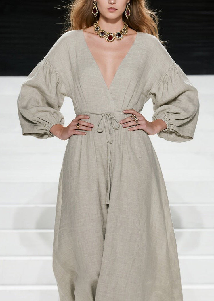 Deep V-Neck Puff Sleeve Wrap Tie Waist Textured Linen Midi Dress
