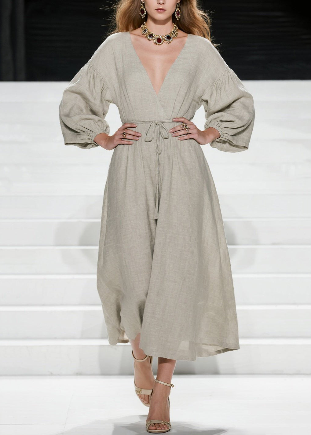 Deep V-Neck Puff Sleeve Wrap Tie Waist Textured Linen Midi Dress