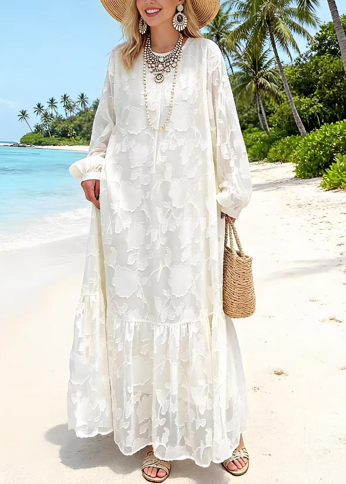 Round Neck Embossed Floral Jacquard Tiered Ruffle Hem Lantern Sleeve Maxi Dress