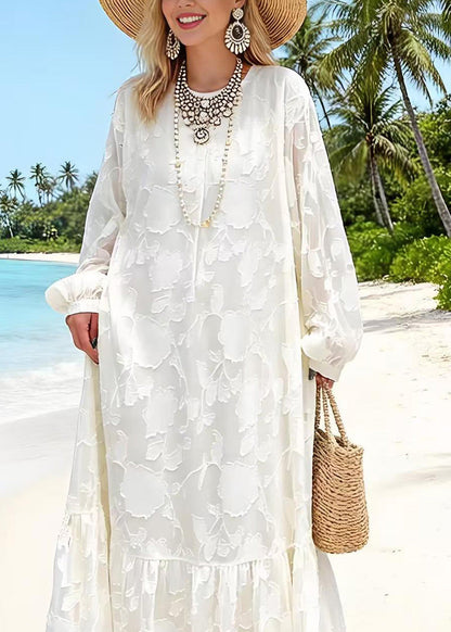 Round Neck Embossed Floral Jacquard Tiered Ruffle Hem Lantern Sleeve Maxi Dress
