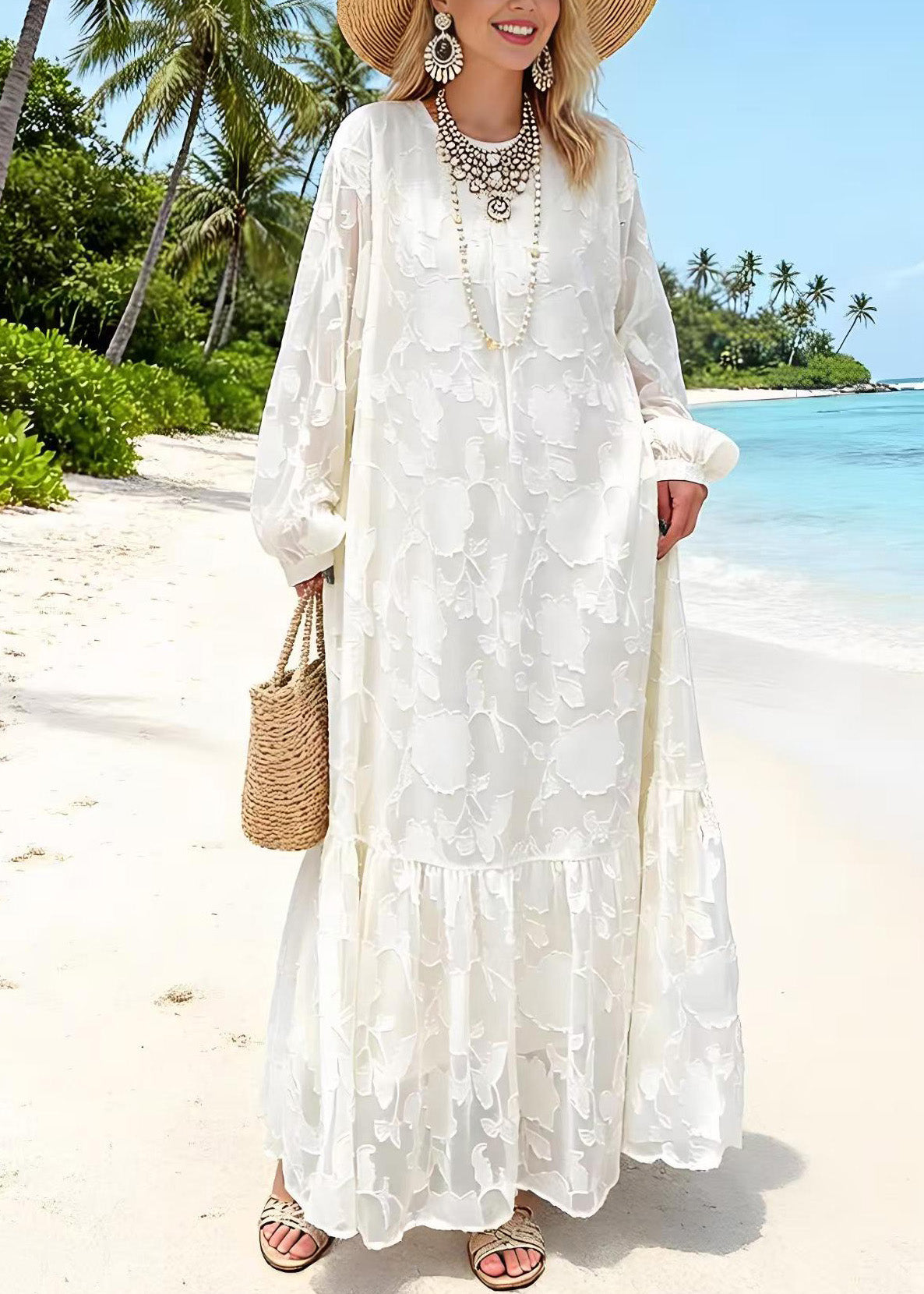 Round Neck Embossed Floral Jacquard Tiered Ruffle Hem Lantern Sleeve Maxi Dress