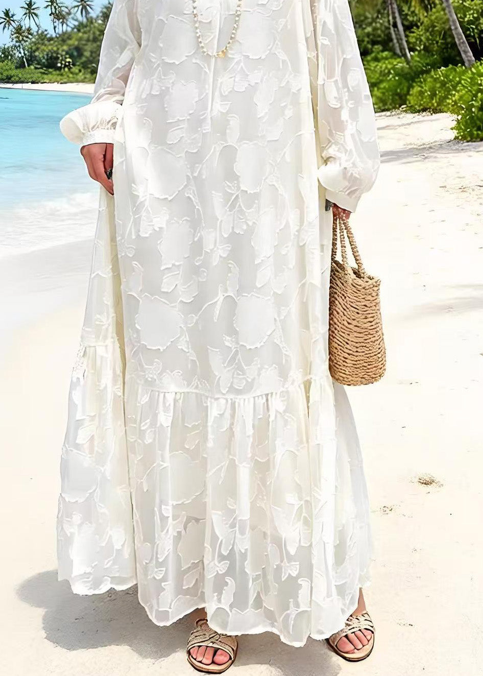 Round Neck Embossed Floral Jacquard Tiered Ruffle Hem Lantern Sleeve Maxi Dress
