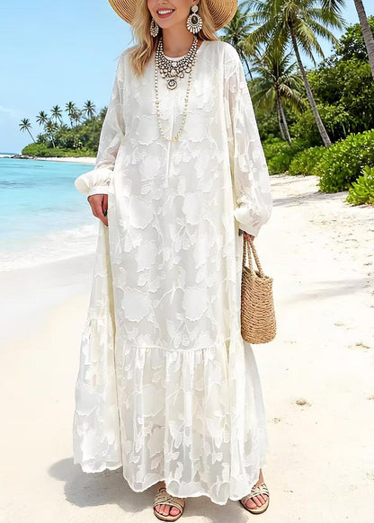 Round Neck Embossed Floral Jacquard Tiered Ruffle Hem Lantern Sleeve Maxi Dress