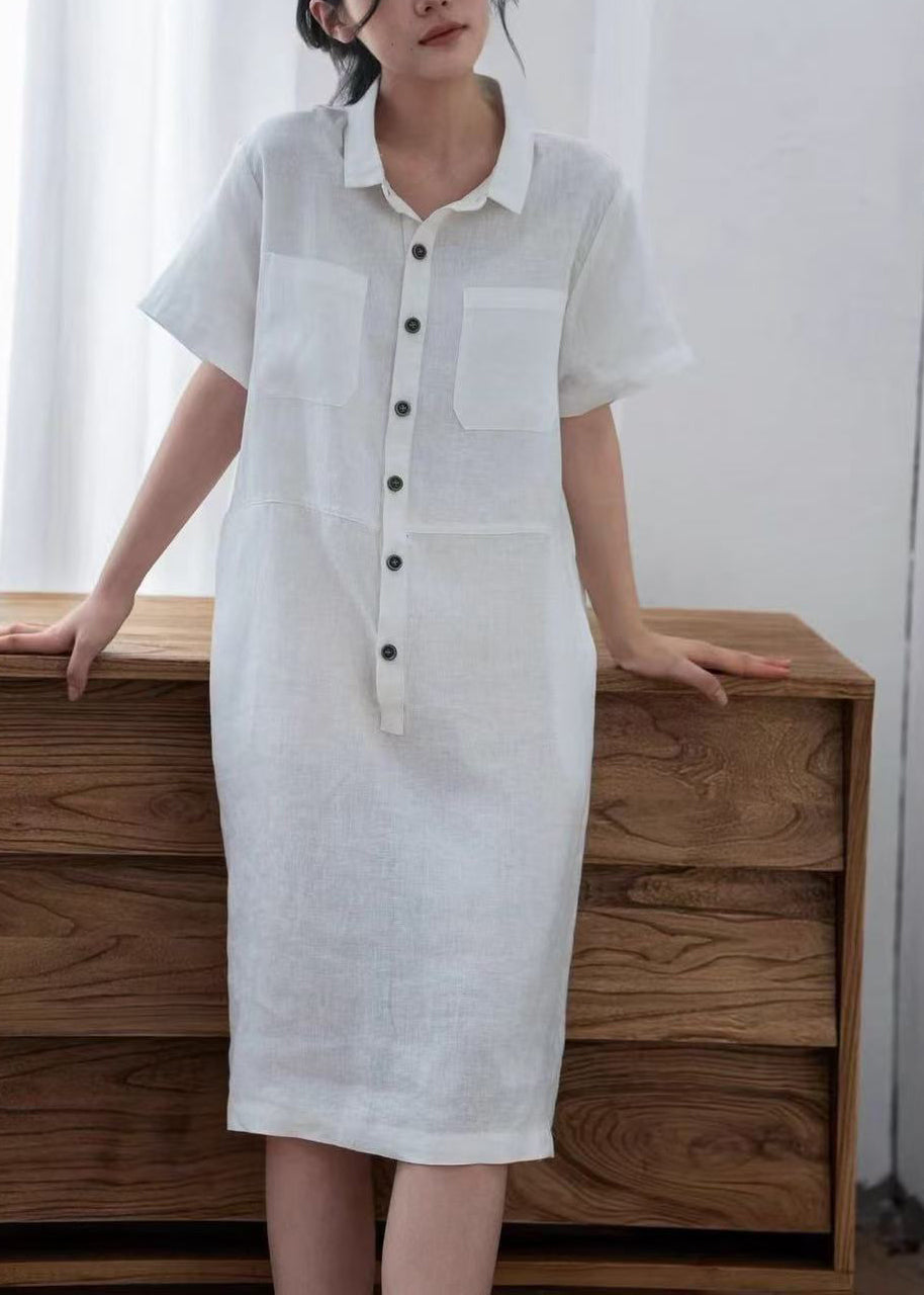 Point Collar Button Down Patch Pocket Linen Shirt Midi Dress