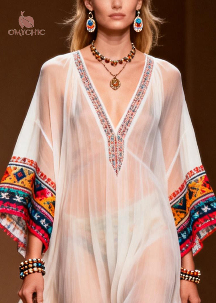 Deep V-Neck Sheer Embroidered Border Kimono Sleeve High-Low Kaftan Dress