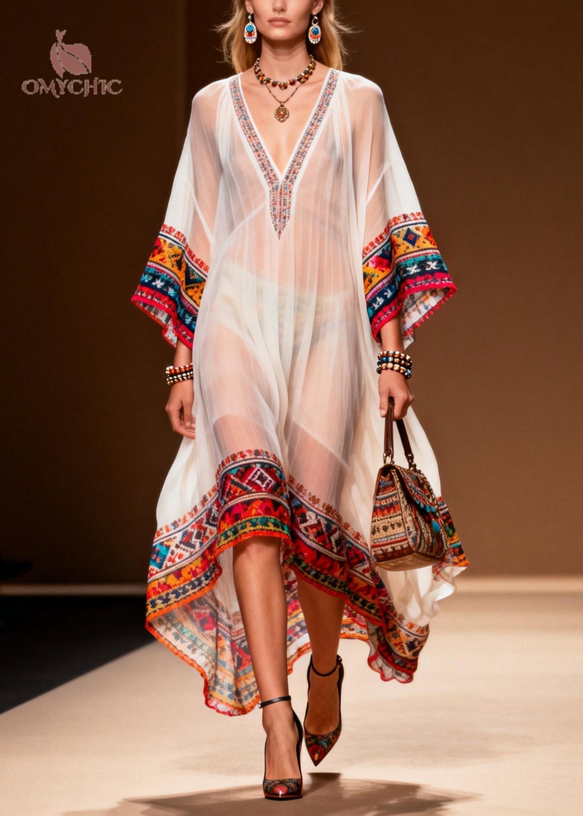 Deep V-Neck Sheer Embroidered Border Kimono Sleeve High-Low Kaftan Dress