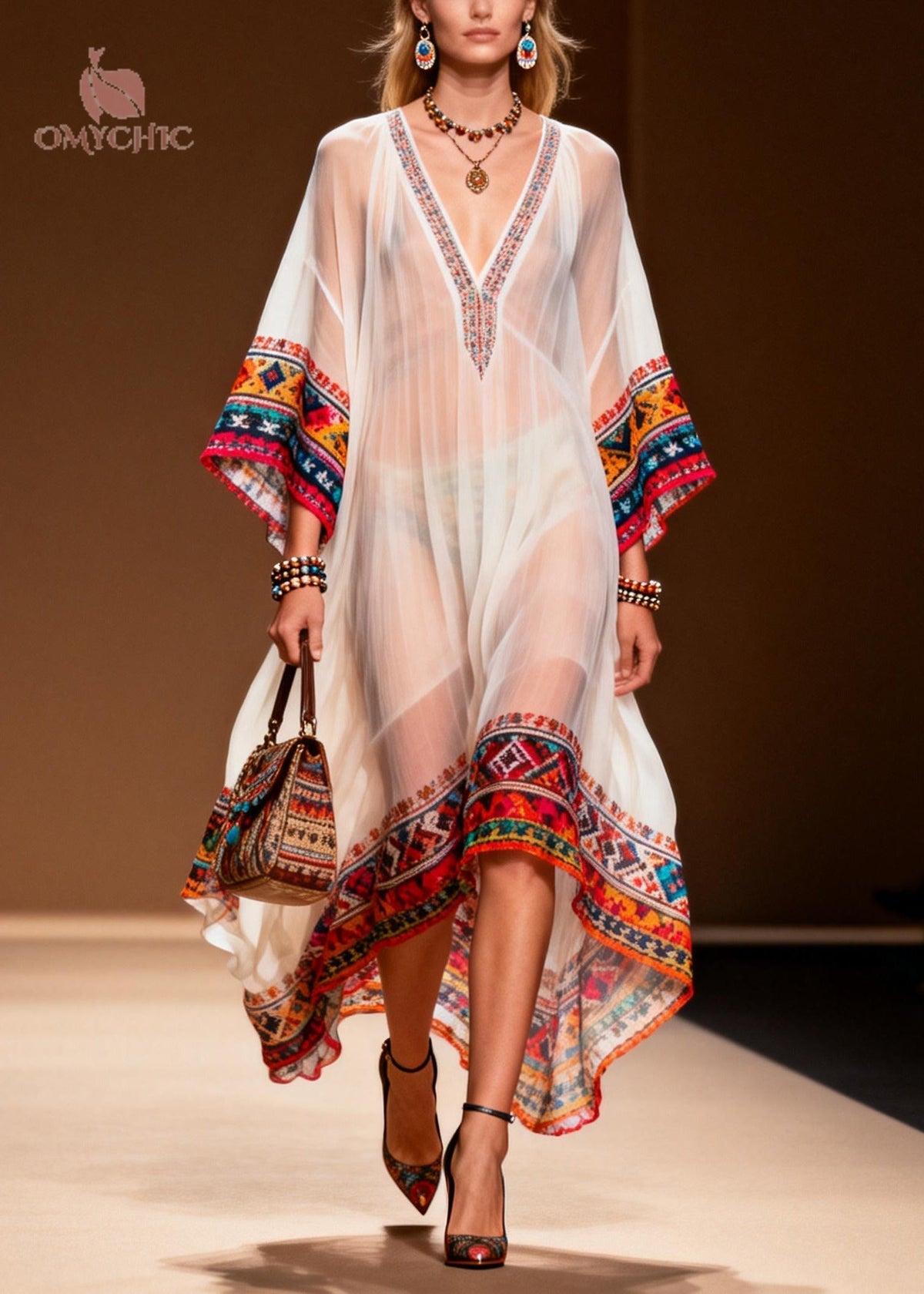Deep V-Neck Sheer Embroidered Border Kimono Sleeve High-Low Kaftan Dress