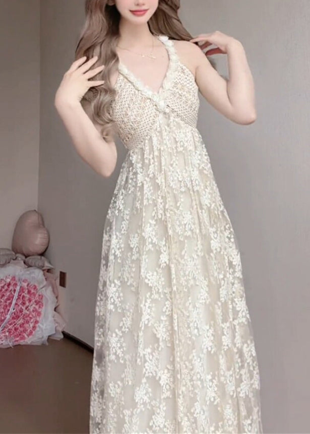 Deep V Halter Crochet Bodice Floral Lace Overlay A Line Maxi Gown