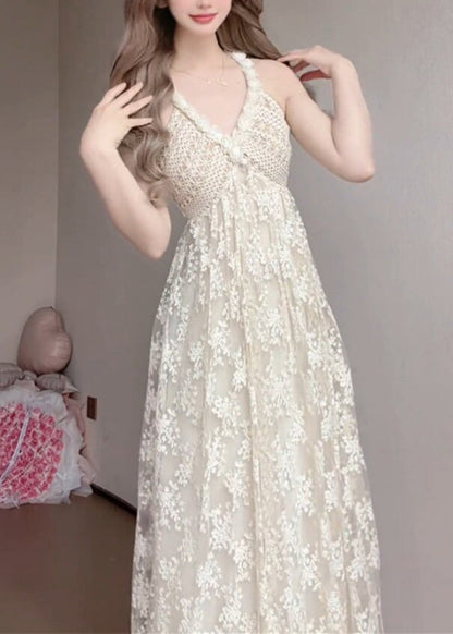 Deep V Halter Crochet Bodice Floral Lace Overlay A Line Maxi Gown