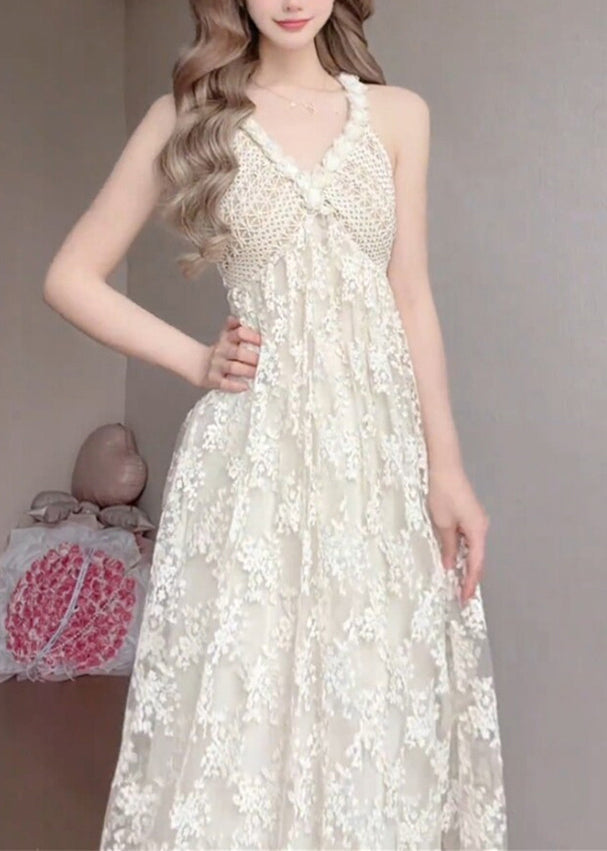 Deep V Halter Crochet Bodice Floral Lace Overlay A Line Maxi Gown