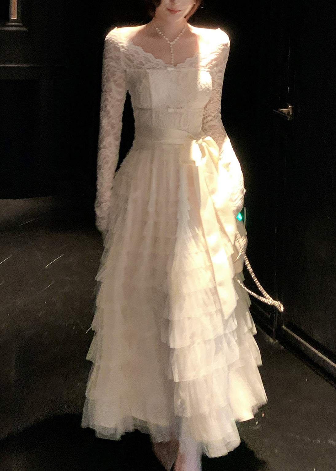 Scallop Lace Bow Neck Long Sleeve Tiered Tulle Satin Sash Maxi Gown