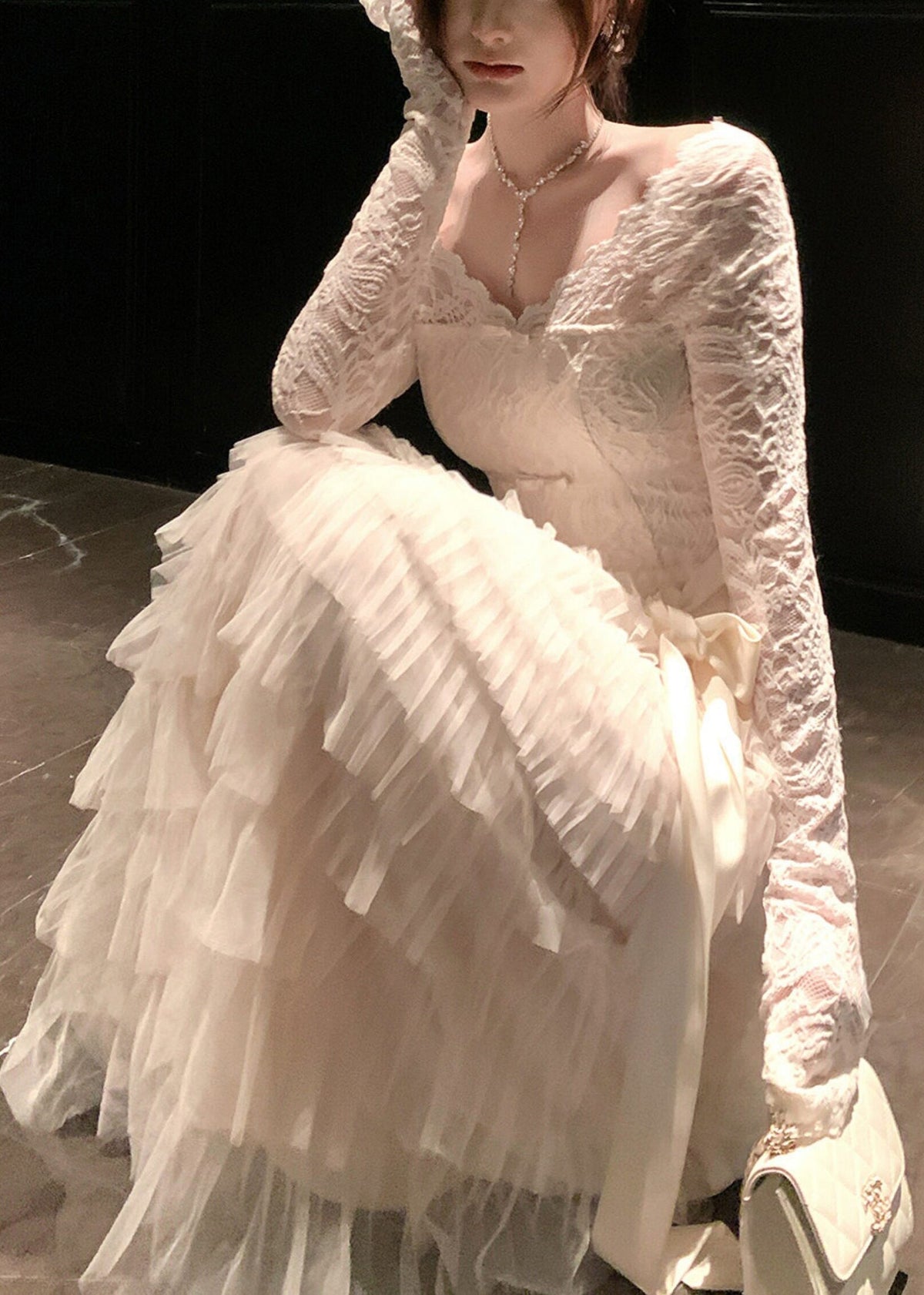 Scallop Lace Bow Neck Long Sleeve Tiered Tulle Satin Sash Maxi Gown