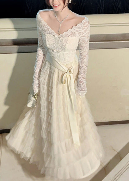 Scallop Lace Bow Neck Long Sleeve Tiered Tulle Satin Sash Maxi Gown