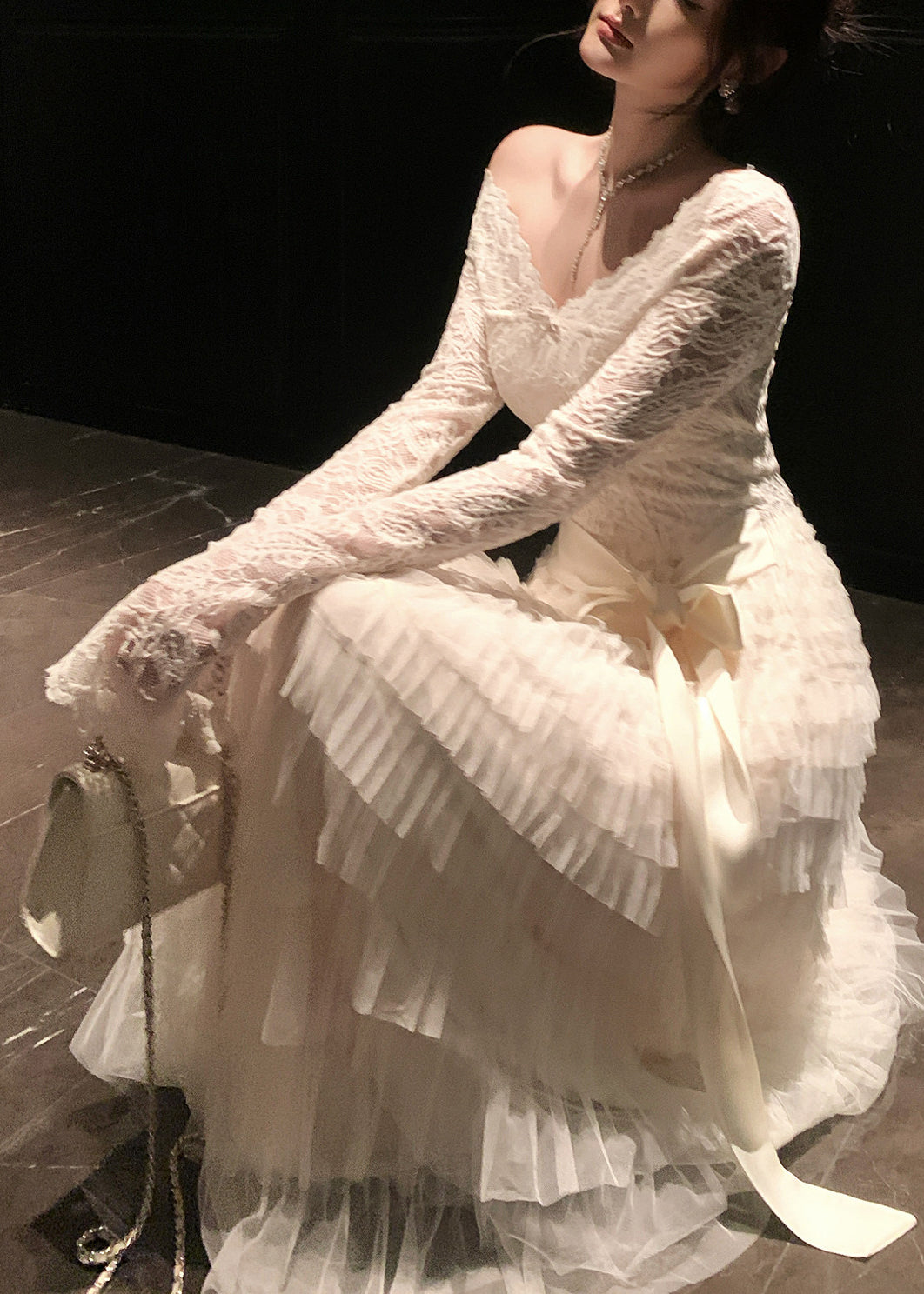 Scallop Lace Bow Neck Long Sleeve Tiered Tulle Satin Sash Maxi Gown
