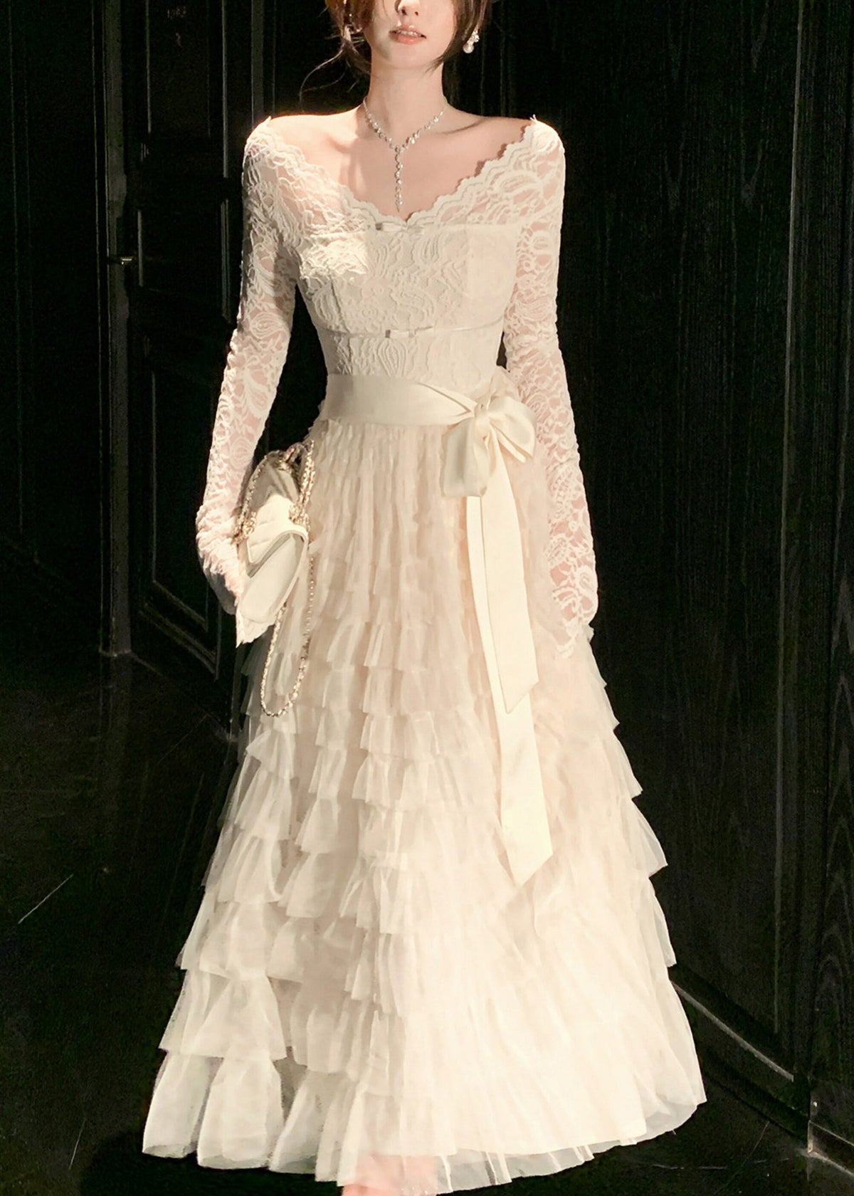 Scallop Lace Bow Neck Long Sleeve Tiered Tulle Satin Sash Maxi Gown