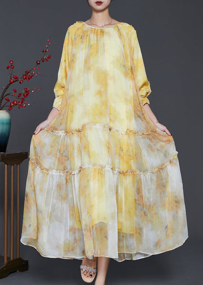 Round Neck Gathered Tiered Ruffled Watercolor Print Chiffon Maxi Dress