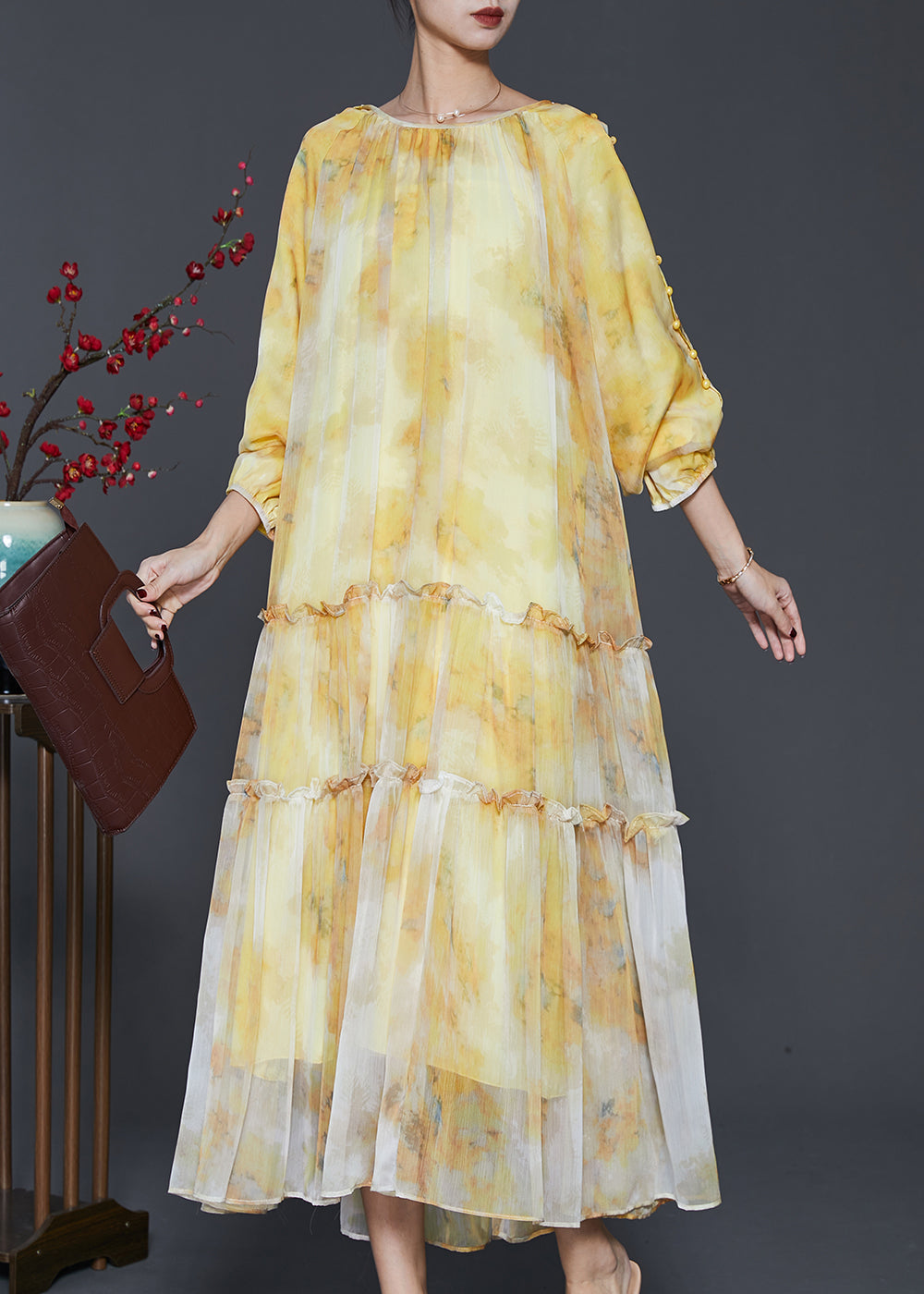 Round Neck Gathered Tiered Ruffled Watercolor Print Chiffon Maxi Dress