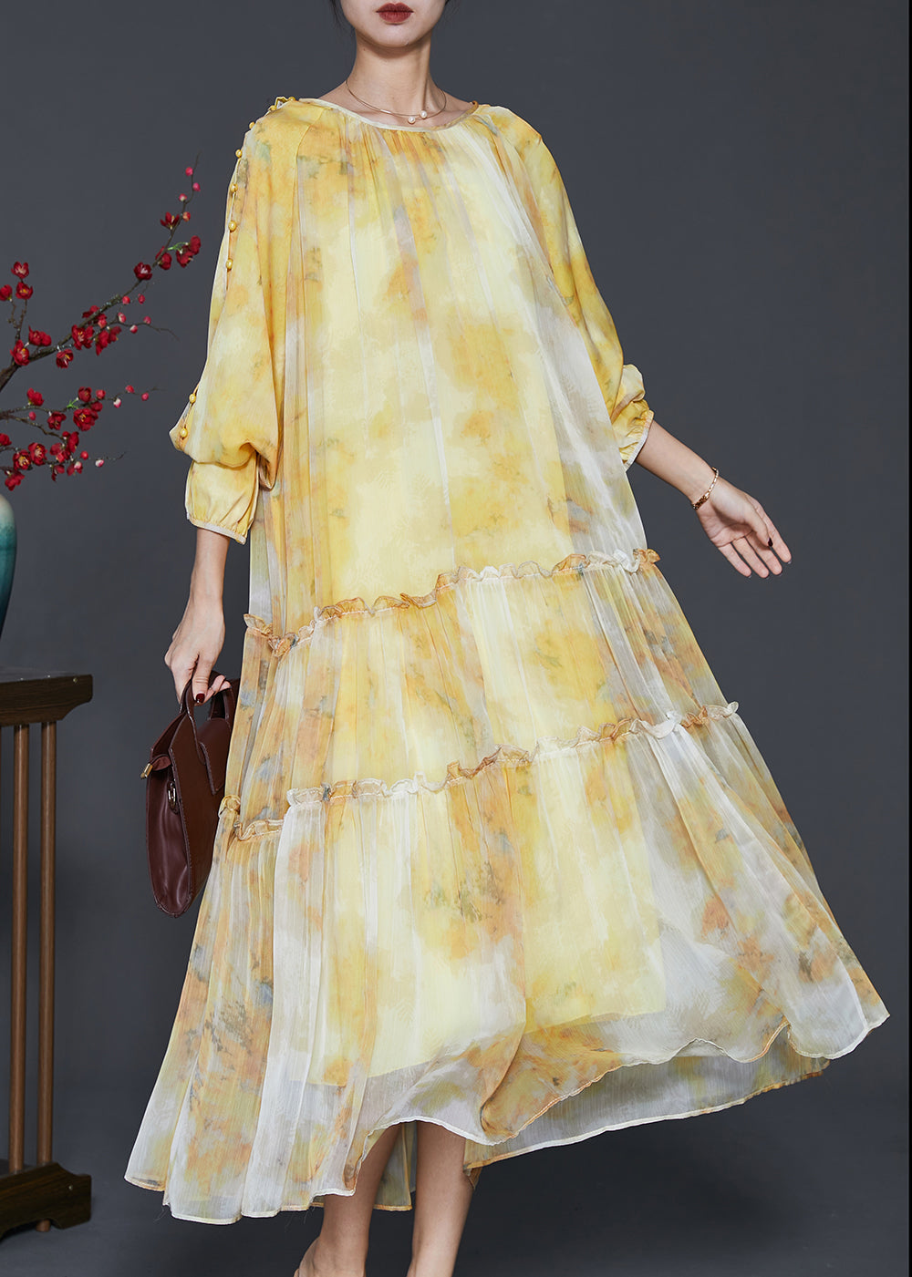 Round Neck Gathered Tiered Ruffled Watercolor Print Chiffon Maxi Dress