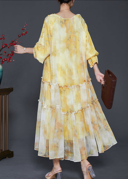 Round Neck Gathered Tiered Ruffled Watercolor Print Chiffon Maxi Dress