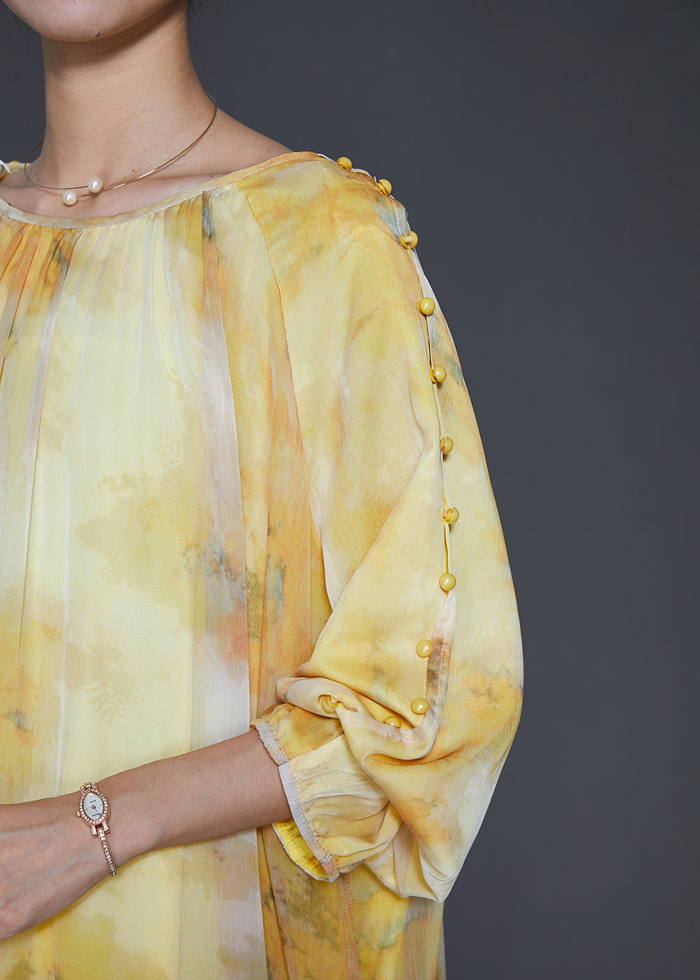 Round Neck Gathered Tiered Ruffled Watercolor Print Chiffon Maxi Dress