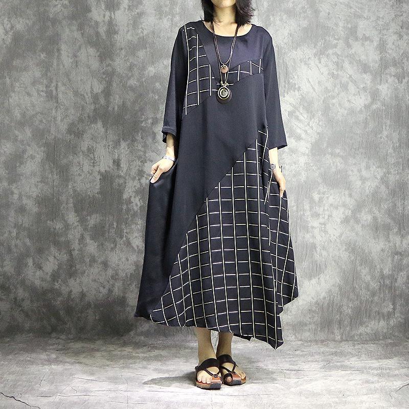 Asymmetric Windowpane Patchwork Round Neck Pocket Maxi Dress
