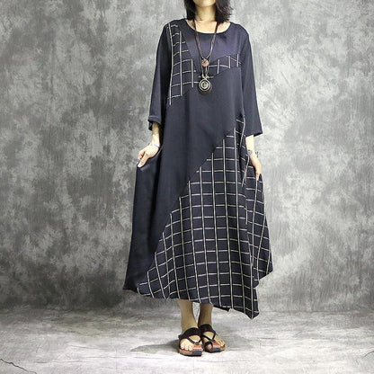 Asymmetric Windowpane Patchwork Round Neck Pocket Maxi Dress