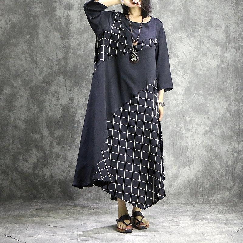 Asymmetric Windowpane Patchwork Round Neck Pocket Maxi Dress