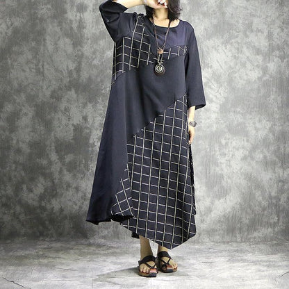Asymmetric Windowpane Patchwork Round Neck Pocket Maxi Dress