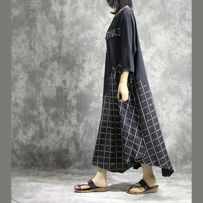 Asymmetric Windowpane Patchwork Round Neck Pocket Maxi Dress