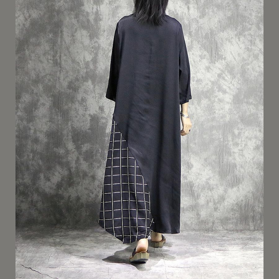 Asymmetric Windowpane Patchwork Round Neck Pocket Maxi Dress