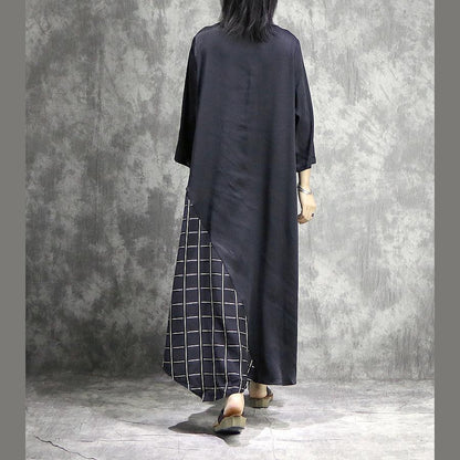 Asymmetric Windowpane Patchwork Round Neck Pocket Maxi Dress