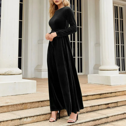 Autumn New Green Velvet Long Dress Elegant Vintage O-neck Lace-up Party Dress
