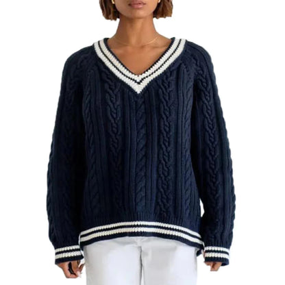 Cable Knit Loose Contrast Trim Streetwear Sweater