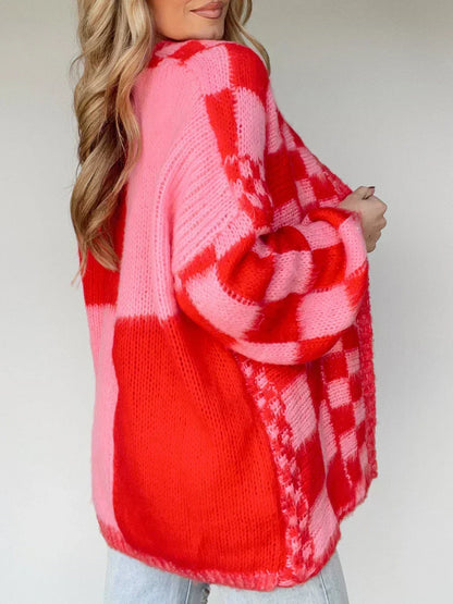 Checkered Loose Long Sleeve Open Front Cardigan