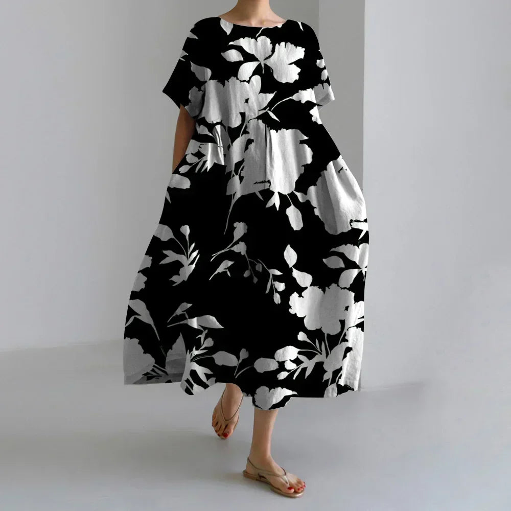 Exquisite 3D Floral Print Short Sleeve Midi Evening Dress