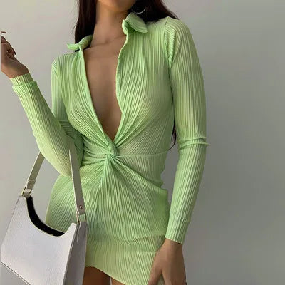Plisse Collared Deep V-Neck Twist Waist Long Sleeve Jumpsuit