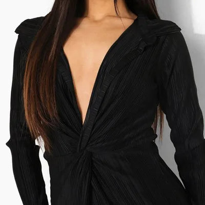 Plisse Collared Deep V-Neck Twist Waist Long Sleeve Jumpsuit