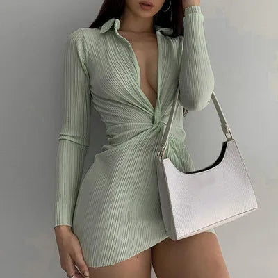 Plisse Collared Deep V-Neck Twist Waist Long Sleeve Jumpsuit