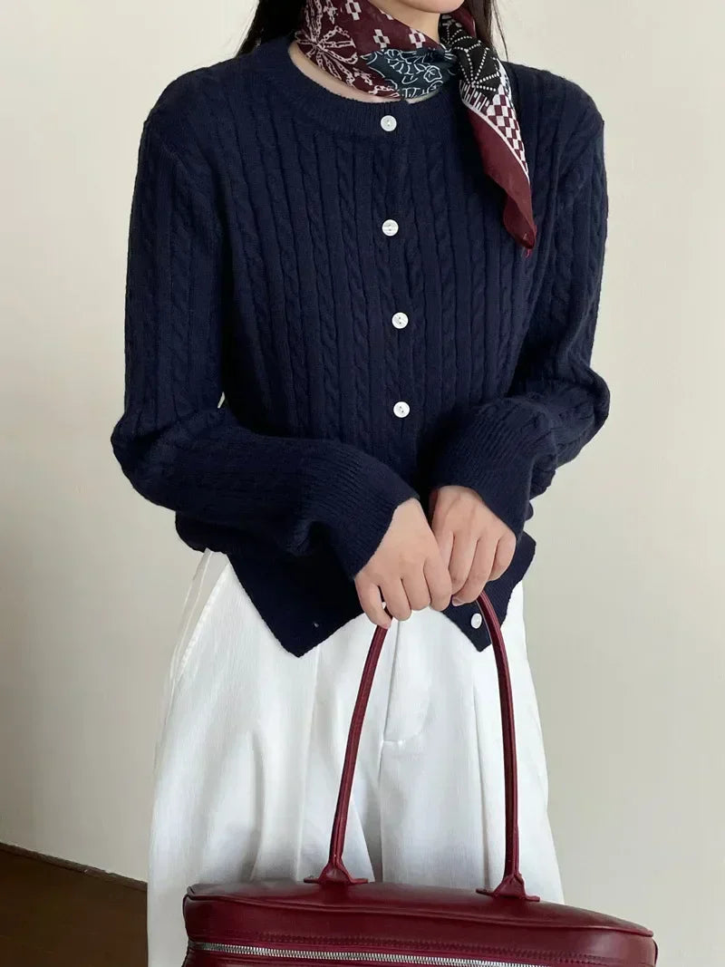 Navy Blue Cable Knit Cartoon Embroidered Trendy Cardigan Sweater