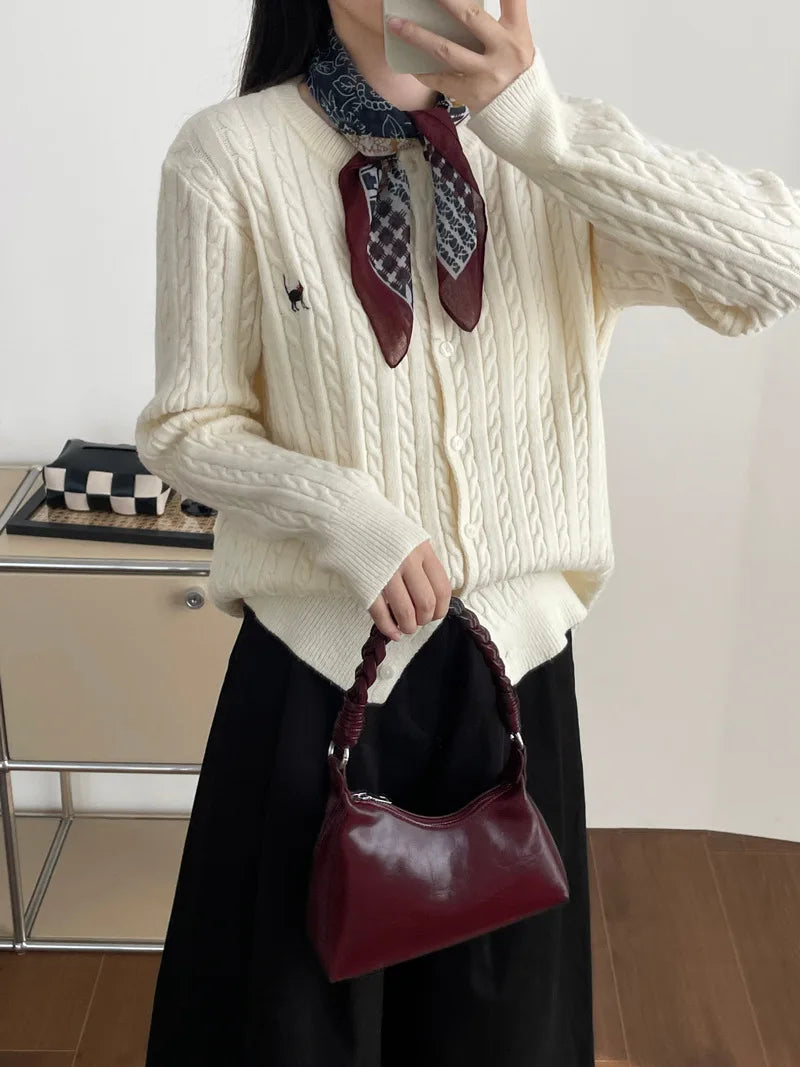 Navy Blue Cable Knit Cartoon Embroidered Trendy Cardigan Sweater
