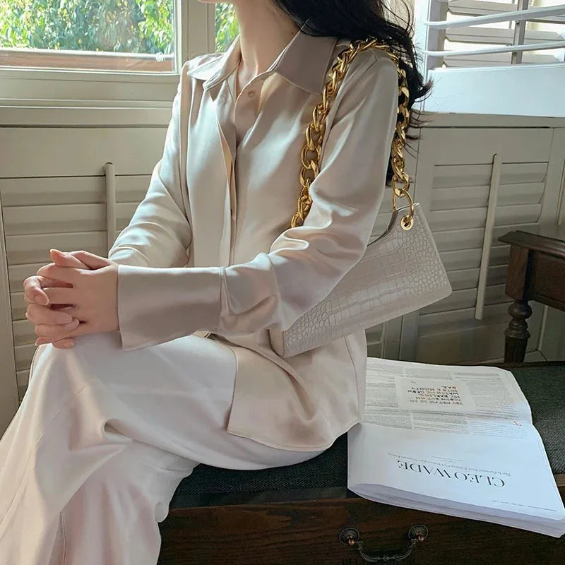 Satin Long Sleeve French Style Office Lady Blouse