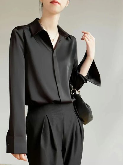 Satin Long Sleeve French Style Office Lady Blouse